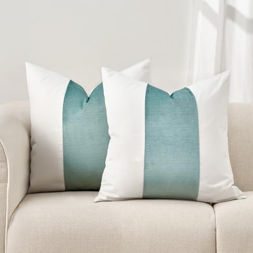EVERGRACE x Kinsey Walsh Signature Velvet Panel Cotton Pillow Covers Set of 2, Decorative Pillow Covers 20"x20" for Couch, Square Cushion Cases for Sofa Bedroom Living Room, Aquamarine by EVERGRACE