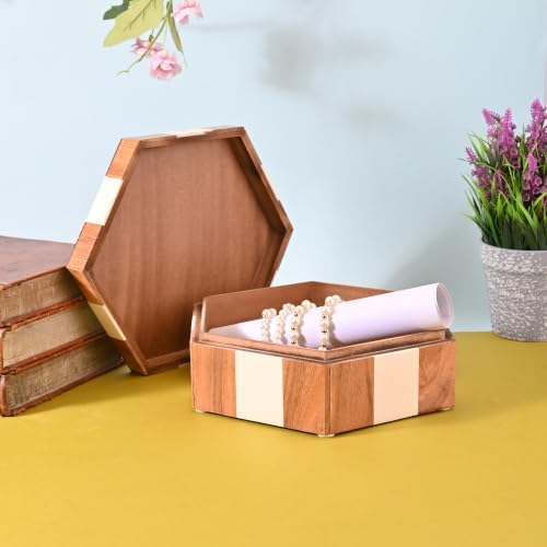 Perilla Home Hexagon Wooden Box, Brown and White, Wood and Resin, 9.54x8.07x3.15 Inch, Decorative - Image 3