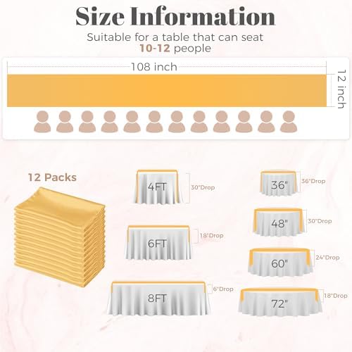 24 Pack Gold Satin Table Runners 12 x 108 Inch Reusable Seamless Design - Image 3