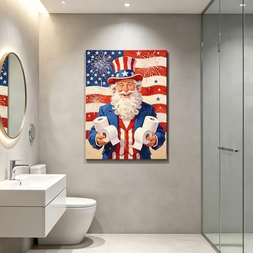 Funny Patriotic Uncle Sam Canvas Wall Art 4th of July USA Flag Fireworks Oil Painting Humorous Toilet Paper American Flag Wall Decor Independence Day Bathroom Home Decor 24x32in - Image 2