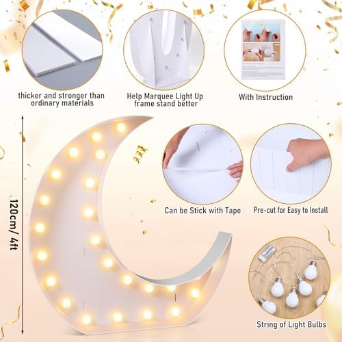 Maxcheck 4FT Moon Marquee Sign Decor Large Light up Moon Lights with Bulb Light String Foam Marquee for Valentine's Eid Birthday Engagement Baby Shower Party Decorations - Image 2