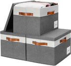 GhvyenntteS Storage Bins with Lids 3 Pack, Large Storage Baskets with Lids and Label, Foldable Fabric Storage Boxes with 3 PU Handles for Organizing Shelves Home Nursery Office (Grey, 15x11x9.6) by GhvyenntteS