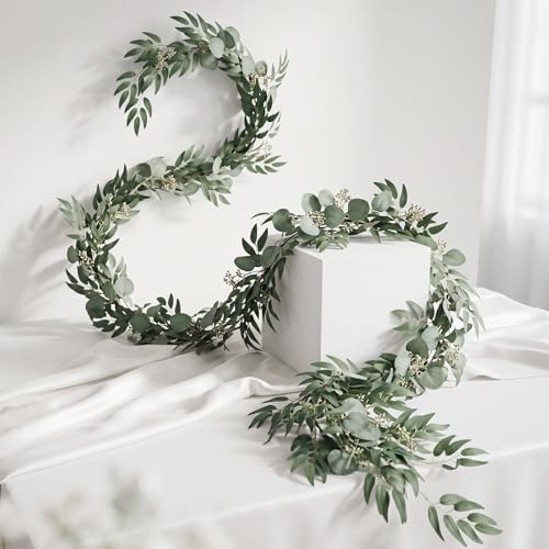 Suncalla 2 Pcs 10 Feet Fake Greenery Garlands Artificial Silver Dollar Eucalyptus Garland in Grey Green and Willow Twigs Garland Intertwined Together for Wedding Arch Doorways Table Decor - Image 2