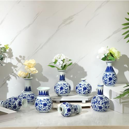 Dandat 8 Pcs Small Blue and White Ceramic Vase, Chinoiserie Floral,Elegant by Dandat