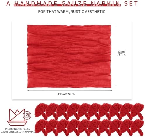 100 Pieces Cloth Napkins Red Dinner Cheesecloth Napkins for Wedding,Wrinkled Cloth Napkins Bulk for Home Party Rustic Table Decoration, 17 x 17 Inch - Image 2