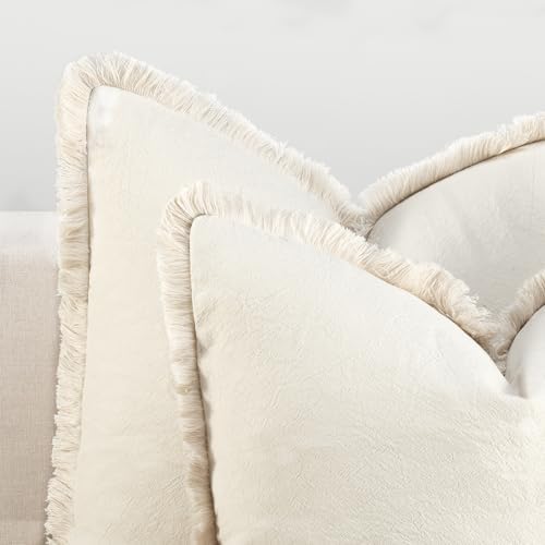 ZWJD Pillow Covers 26x26 Set of 2 Throw Pillow Covers with Fringe Chic Cotton Euro Shams Square Cushion Covers for Couch Sofa Bed Living Room Farmhouse Boho Decor, Beige - Image 2