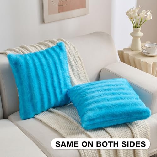 FUTEI Pack of 2 Faux Mink Fur Throw Pillow Covers 24x24 Inch, Sky Blue - Image 4