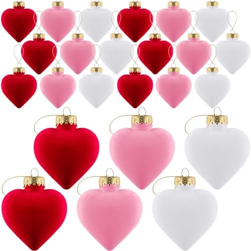 Moucuny 24 Pcs 3.15 Inch Valentines Day Ornaments for Tree Large Hanging Heart Ornaments Heart Shaped Tree Baubles Velvet Ball for Party Wedding Anniversary Mothers Valentine Decor, Pink, Red, White by Moucuny