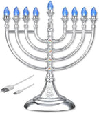 Traditional LED Electric Hanukkah Menorah - Battery or USB Powered, Includes Micro USB Cable (Mettalic Silver, 2) by Aviv+Judaica