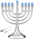Traditional LED Menorah 13" Metallic Silver Battery or USB Powered Menorah Chanukiah with 4' USB Cable Electronic Chanukah Minorah Flameless Hanukkah Candles Bulbs Lighted Hanukah Decor by Aviv+Judaica