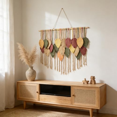 Fall Leaf Macrame Wall Hanging, Boho Brown Leaves, 39.4" W x 31.5" L - Image 6