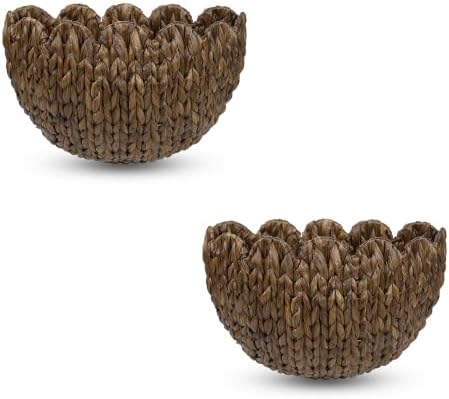 Hanging Wall Basket, Handwoven Water Hyacinth Scalloped Basket, Decorative Wall Organizer and Planter for Entryway Mail Plants Bathroom, 16" D x 10" W x 7" H,Coffee, 2 Pack by Home