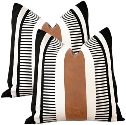 Decorative Striped Throw Pillow Cover 26x26 Inch Black White & Brown by Vfuty