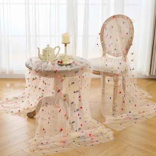 6PCS Champagne Floral Table Runner 10 FT, Embroidery Daisy Table Runners Seasonal Spring Summer Sheer Tulle Dining Table Decor for Home Party Birthday Decor 29x120 Inch ﻿ - Image 6