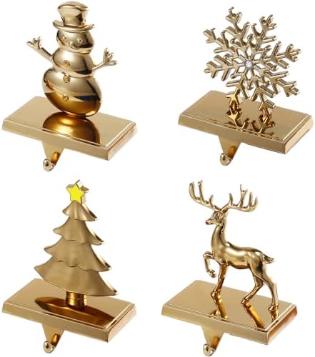 Set of 4 Antique Gold Christmas Stocking Holders for Mantel, Christmas Stocking Hanger Set-Snowflake Snowman Reindeer Tree Stocking Holder for Mantle- Metal Fireplace Hooks for Xmas Decor by Kersiki