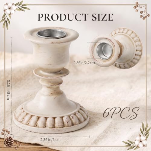 Mumufy 6 Pcs Pillar Candle Holders, Vintage Resin Candle Stands, Farmhouse Retro Table Centerpiece Candles Holders for French Country Decoration Home Wedding Party Living Room (Distressed White) - Image 2