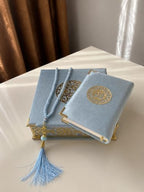 Velvet Covered Quran and Pearl Tasbih in Wooden Decorative Box | Quran Gift Box | Islamic Gift Set | Islamic Birthday, Wedding Gift | Muslim Eid Ramadan Gift (Blue) - Image 3