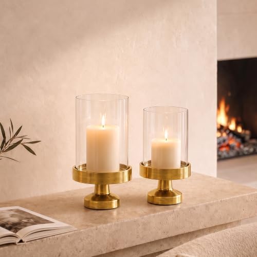 5 & 4 Inch Gold Hurricane Candle Holders Glass Set of 2 - Image 3