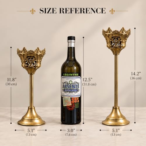 CROWSONG Tall Pillar Candle Holders Set of 2 – Baroque Crown Design | Antique Gold Iron, 14.2" & 11.8" | Victorian Mantel & Centerpiece Décor (Candles Not Included) - Image 2