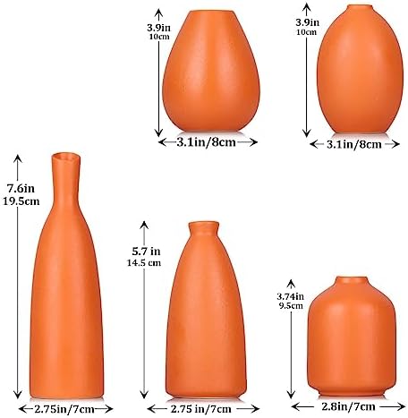 Orange Ceramic Small Vase Set of 5 - Modern Orange Decor Small Bud Vases for Floral Arrangements, Centerpieces for Weddings, Dinner Parties, Table Settings, Foyer, Bathroom Decorations - Image 2