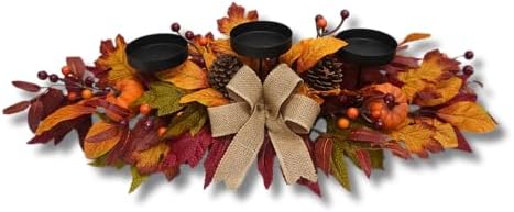 Svndlyn 26 Inch Fall Candle Holder Centerpiece with Pumpkins and Burlap Bow by Svndlyn