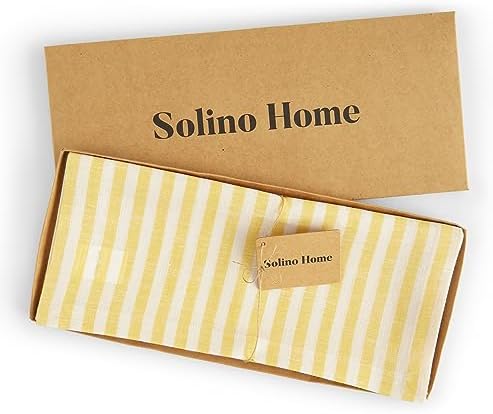 Solino Home 100% Linen Table Runner, 14 x 120 in, Yellow and White Striped - Image 5