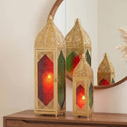 TRIROCKS Set of 2 Moroccan Candle Lanterns 23''&15.5'' H Decorative Candle Holder Hanging Lanterns with Embossed Colored Tempered Glass Ramadan Decorations for Home Outdoor Indoor Patio Weddings(Gold) - Image 3