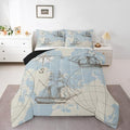 Nautical Comforter Set Full, World Map Bedding Set for Kids Boys Girls Teens, Retro Sailboat Ocean Duvet Insert, Vintage Anchor Compass Down Comforter, Yacht Sketch Quilted Comforter, White Blue by Erosebridal