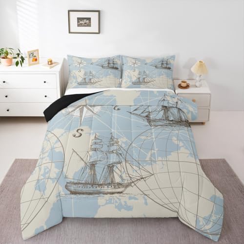 Nautical Comforter Set Full, World Map Bedding Set for Kids Boys Girls Teens, Retro Sailboat Ocean Duvet Insert, Vintage Anchor Compass Down Comforter, Yacht Sketch Quilted Comforter, White Blue by Erosebridal