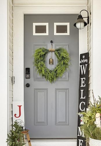 20" Heart-Shaped Wreath for Front Door – Faux Greenery with Rustic Bell – Waterproof & Fade-Resistant Christmas Decor for Porch, Holiday Wall or Indoor Use - Image 3
