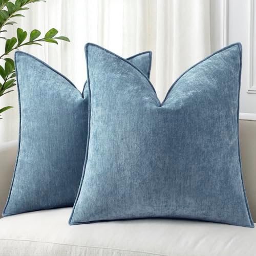 decorUhome Chenille Blue Grey Velvet Throw Pillow Covers 24x24 Set of 2 by decorUhome