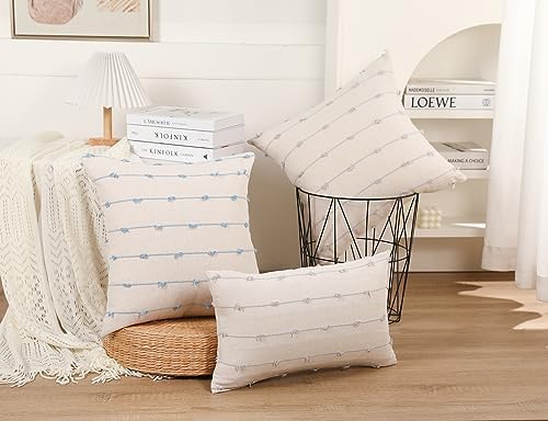 NUYECY Set of 2 Boho Throw Pillow Covers 26x26,Light Blue and White Neutral Couch Pillow Case with Tassel Fringe Decorative,Modern Accent Farmhouse Cushion Covers for Sofa Couch Bed Living Room - Image 3