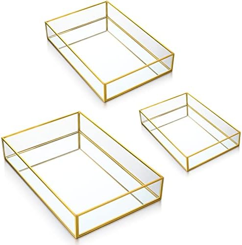 Jetec 3 Pcs Gold Mirror Vanity Tray, Glass Perfume Tray for Dresser by Jetec