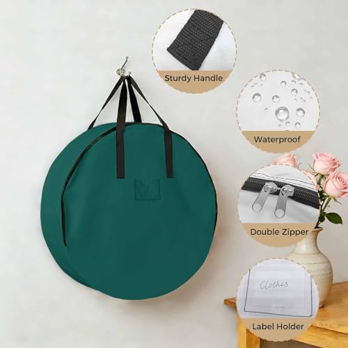 24 Inch Round Storage Bag 2 Pack,Minimalist Solid Aventurine Green Waterproof Wreath Storage Container with Handles&Zipper Pure Plain Single Color Closet Organizer Bags Garland Box - Image 5