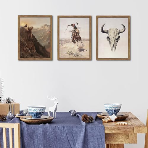 Western Cowboy Wall Art Set of 3, Vintage Southwestern Cowboy Wall Decor Paintings, Western Longhorn Bull Posters Prints Pictures for Bedroom Living Room Farmhouse Decor 12x16 Inch Wood Framed - Image 6