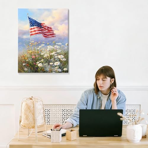 July 4th Patriotic Canvas Wall Art 4th of July USA Decorations American Flag Painting Picture Patriotic Floral Poster Independence Day Home Decor 16x24in - Image 7