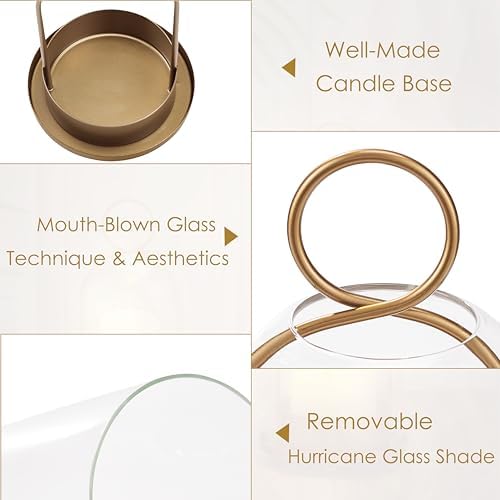 Candle Holder Lanterns, Handcrafted Metal & Glass with Modern Aesthetic Design, Hurricane Pillar Candlestick Holders, Table or Hanging Decorations Set of 2, 5.1" & 4.4" Diameter, Gold - Image 4