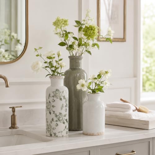 Green Vintage Vase Set of 3, Flower Decorative Vase Home Decor Retro Floral Vase Ceramic Vase Set Chinoiserie Decor for Fireplace Kitchen Counter Living Room (Vintage-Geen) - Image 7