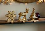 Red Co. Set of 3 Snowflake, Reindeer & Christmas Tree Decorative Cast Iron Stocking Holders in Old Gold Finish - Image 2