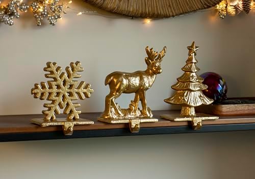 Red Co. Set of 3 Snowflake, Reindeer & Christmas Tree Decorative Cast Iron Stocking Holders in Old Gold Finish - Image 2