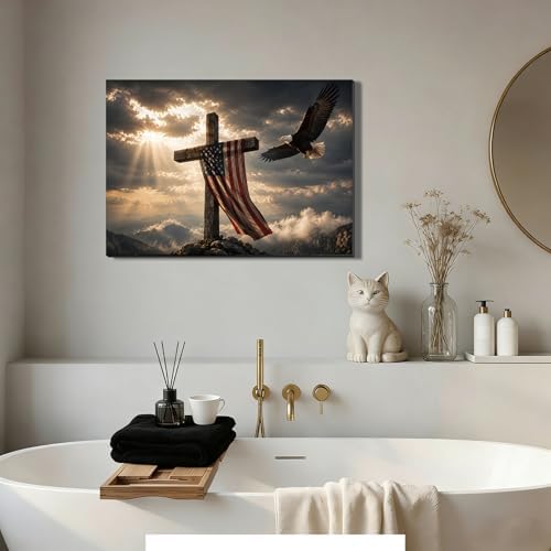 Ship Next Day - USA Flag and Cross Canvas Wall Decor, Framed Patriotic Eagle Painting, Christian Inspirational Artwork for Home, Office, Rustic Americana Wall Hanging, Made in USA - Image 4