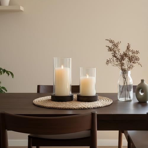 Ronasip Set of 2 Hurricane Candle Holders with Wood Base & Glass Cylinder (4.2x5.9” & 4.6x7.8”) – Rustic Wooden Candle Holders for Home Decor, Weddings, Table Centerpieces (2, Brown) - Image 4