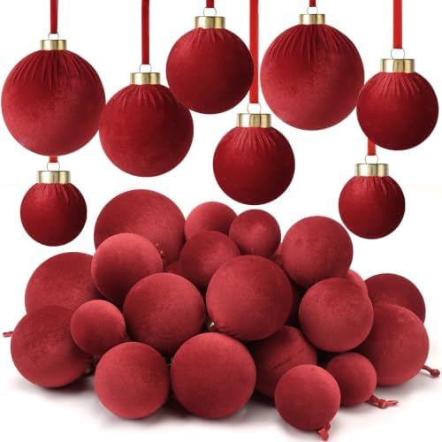 ZenNex 48 Pcs Velvet Christmas Balls Bulk, Flocked Xmas Tree Ornaments, Red by Unknown
