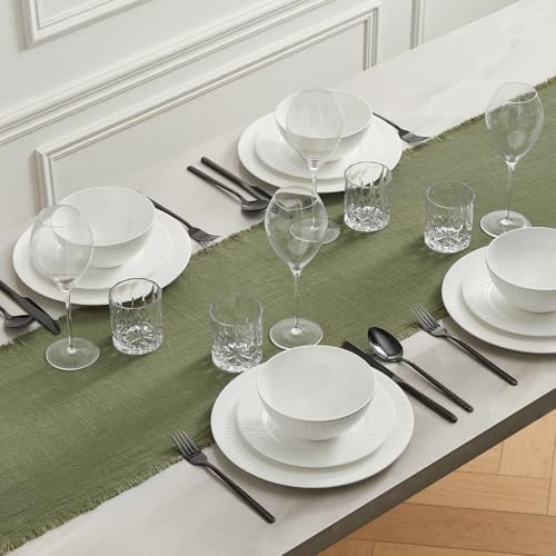 KINGSTONE 14 x 108 Inches Frayed Edge Table Runner, 270G Heavyweight Sand Washed Slub Texture Cotton Linen for Modern Farmhouse, Rustic Home Decorations Dining Room Wedding Boho Decor, Moss Green - Image 6