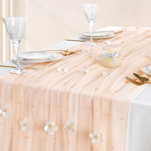 3 Pack Champagne Pearl Tulle Tablecloths 10ft Floral Sheer Table Linens - Image 2