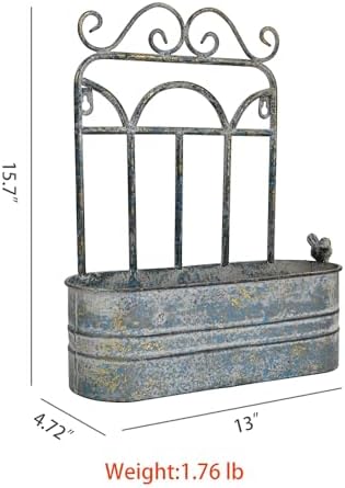 Vintage Rustic Wall Planter Distressed Grey Decor Iron Hanging Plant Basket Shabby Metal Wall Mounted Flower Holder Pot Stand for Indoor Outdoor Home Balcony Patio Farmhouse Garden Decorative Blue - Image 2