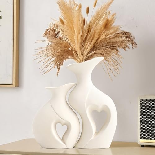 XL White Flower Vases, Nordic Heart Shaped Ceramic Set of 2 by KKgoubzHomeFurnishing