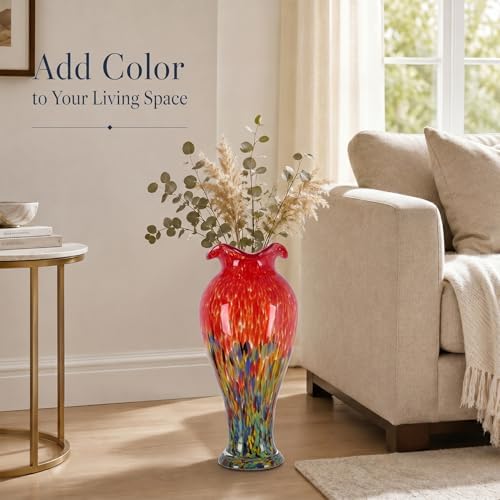 20in Tall Hand Blown Glass Vase Unique Ruffle Wide Mouth Vases, Elegant Modern Glass Flower Decorations Vase, Beautiful Colorful Vases for Home Living Room Bookshelves Wedding High End Centerpieces - Image 2