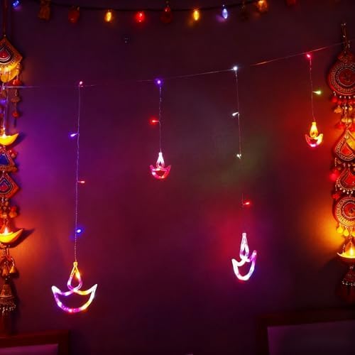 KYMY Happy Diwali Curtain String Lights, Battery Operated Deepavali Rangoli Window String Night Lights, Lotus Diyas Shaped Lamps Decorations for Wedding Wall Window Fence Bedroom Indoor Outdoor - Image 4