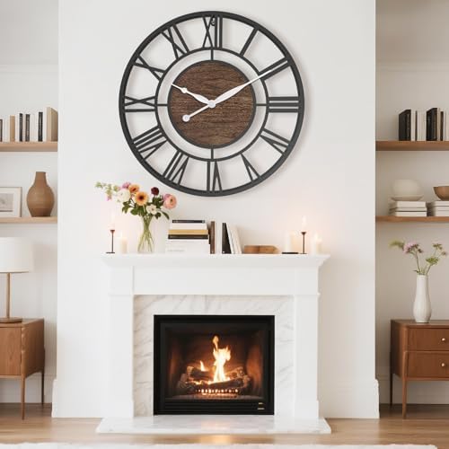 Pytha Sight 24 Inch Walnut Roman Numerals Large Wall Clocks for Living Room - Image 3